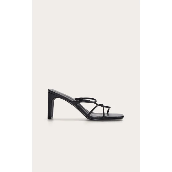 Black Pu Square Toe Thin Block High Heeled Mules