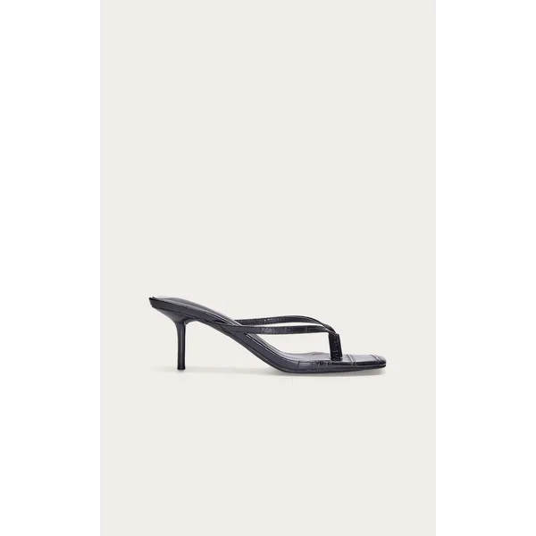 Black Pu Square Toe Thong Mid Stiletto Heeled Mules