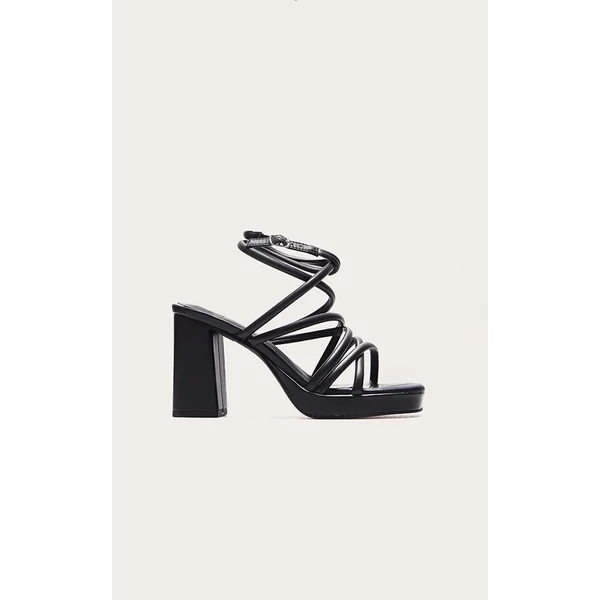 Black PU Square Toe Tube Strap Platform Block Heeled Sandals