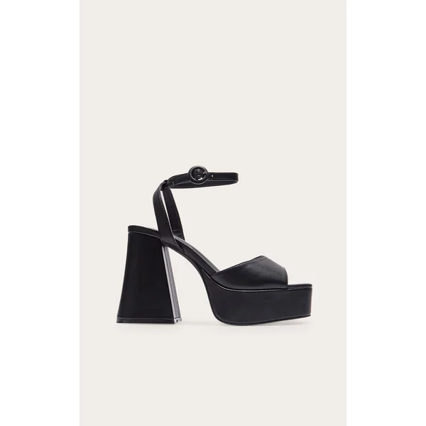 Black PU Strap Detail Flare Platform Heeled Sandals