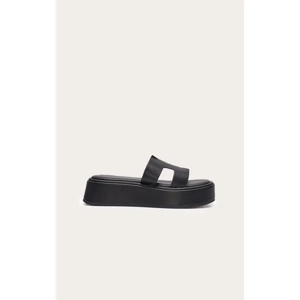 Black Pu Strap Round Toe Flatform Sandals
