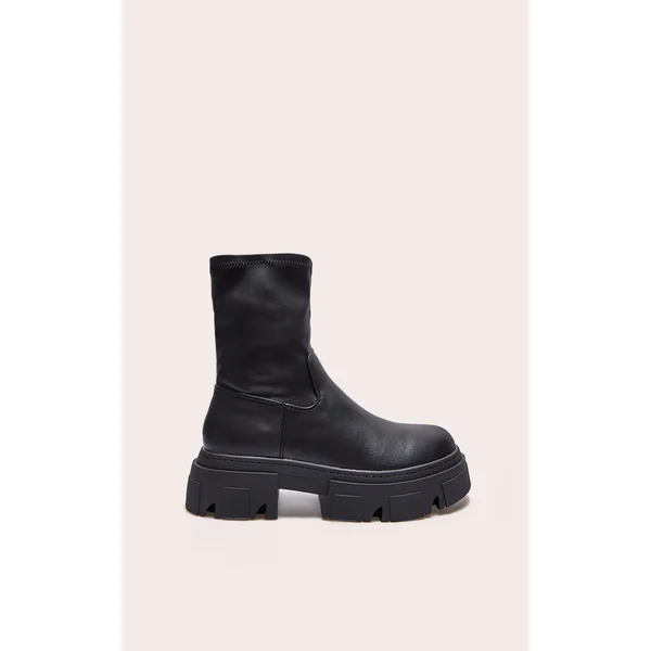 Black Pu Textured Extreme Cleated Sole Ankle Sock Boots