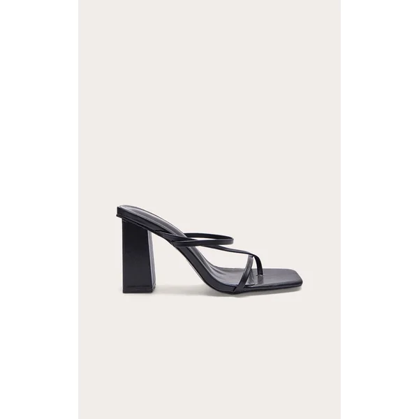 Black PU Toe Loop Strappy Block Heeled Mules