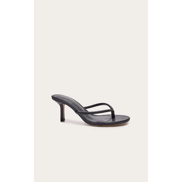 Black Pu Toe Thong Heeled Mules