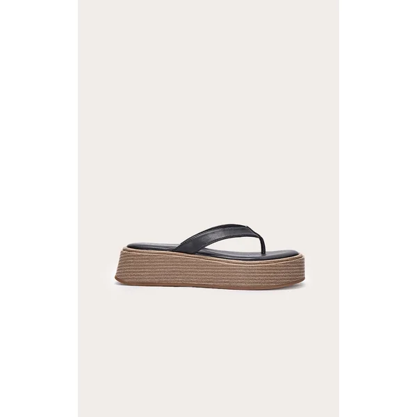 Black PU Toe Thong Round Toe Flatform Sandals