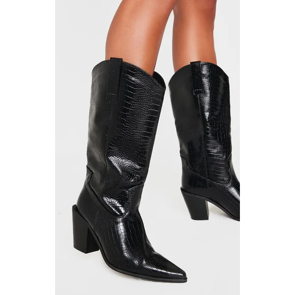 Black PU Wide Fit Croc Point Toe Knee High Western Boots