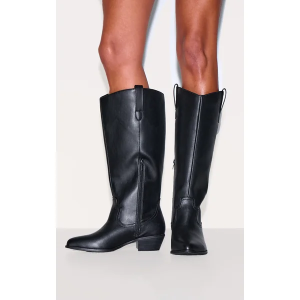 Black PU Wide Fit Point Toe Knee High Western Boots