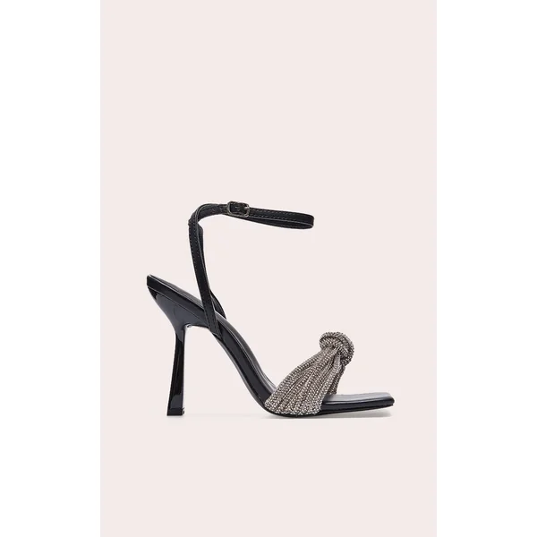 Black PU Wide Fit Square Toe Diamante Knot Barely There Heeled Sandals