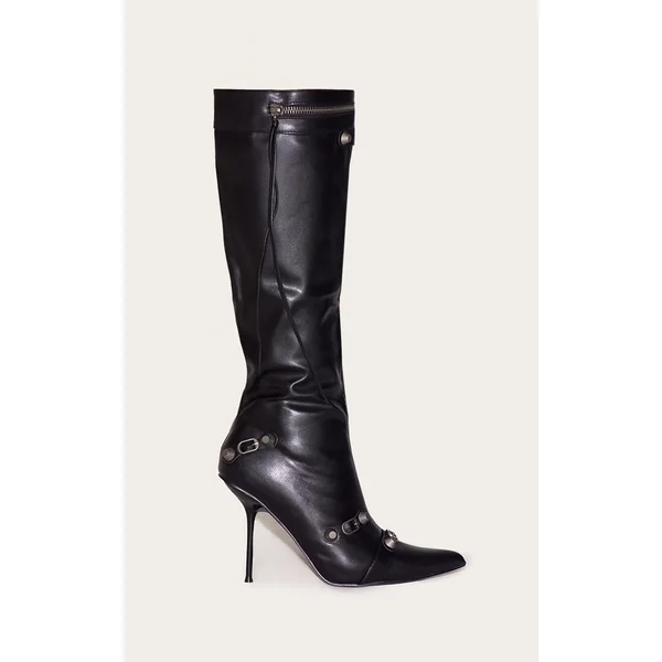 Black PU Zip Detail Point Toe High Heeled Knee Boots