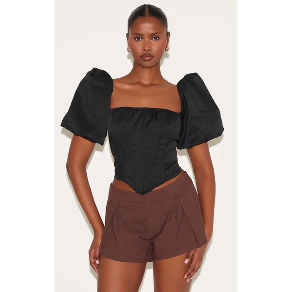 Black Puff Sleeve Woven Corset