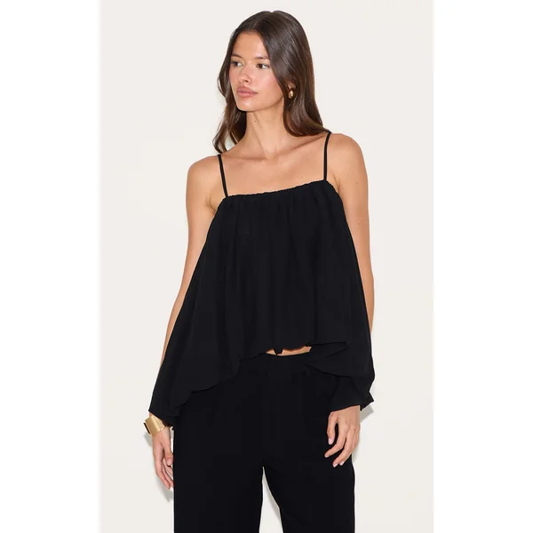 Black Puffball Chiffon Spaghetti Strap Cami