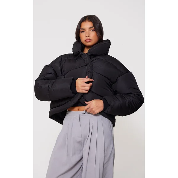 Black Quilted Asymmetric High Neck Puffer Jacket