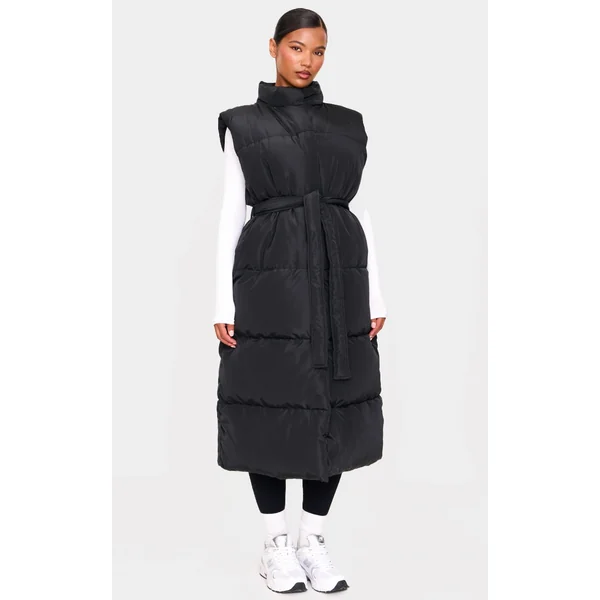 Black Quilted Longline Tie Waist Vest