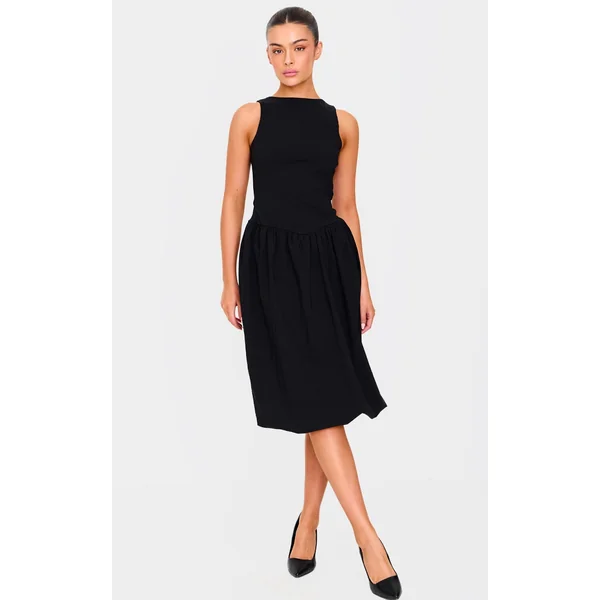 Black Racer Drop Waist Puffball Midi Dress