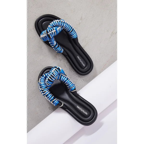 Black Real Leather Round Toe Padded Contrast Strap Pearl Detail Sandals