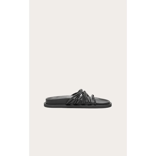 Black Real Leather Round Toe Strap Detail Footbed Sandals