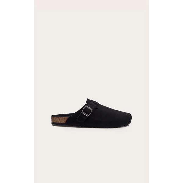Black Real Suede Leather Round Toe Buckle Slip On Clog