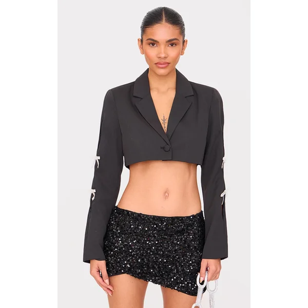 Black Rhinestone Bow Detail Cropped Blazer