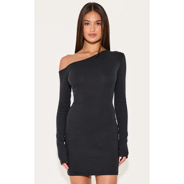 Black Rib Asymmetric Mini Dress