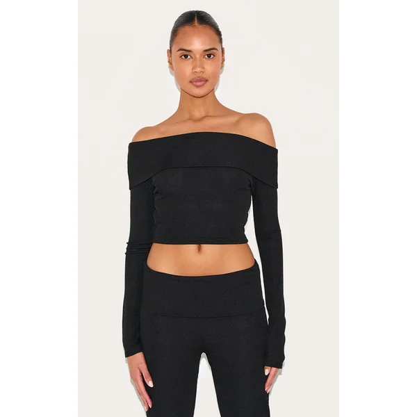 Black Rib Bardot Longline Foldover Top