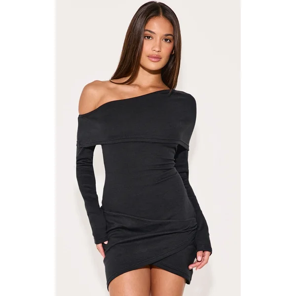 Black Rib Bardot Wrap Mini Dress