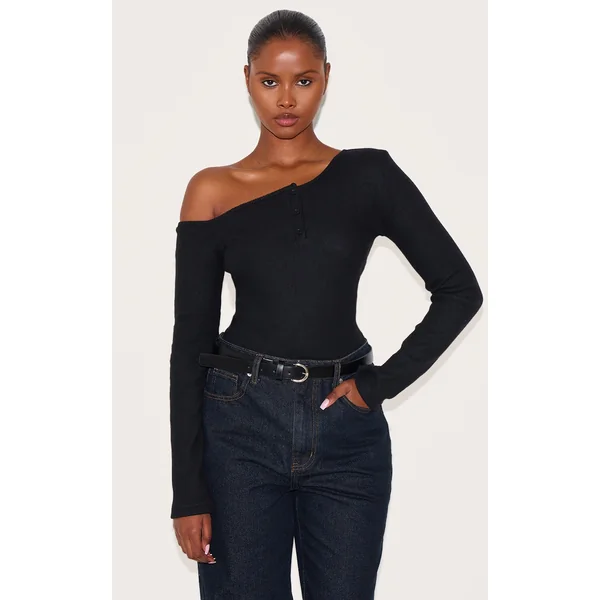 Black Rib Button Detail Asymmetric Long Sleeve Top