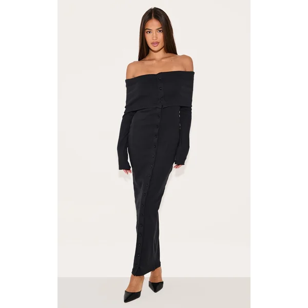 Black Rib Fold Over Bardot Button Maxi Dress