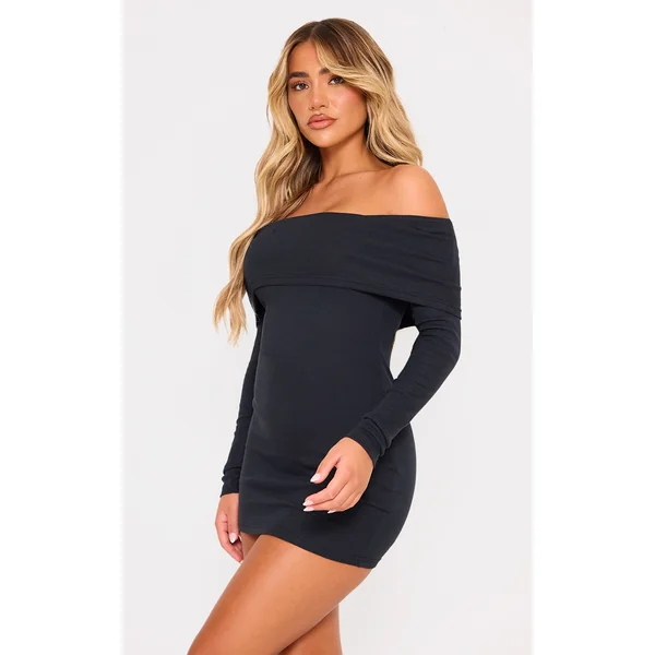 Black Rib Foldover Bardot Bodycon Dress