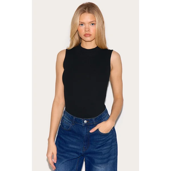 Black Rib High Neck Sleeveless Bodysuit