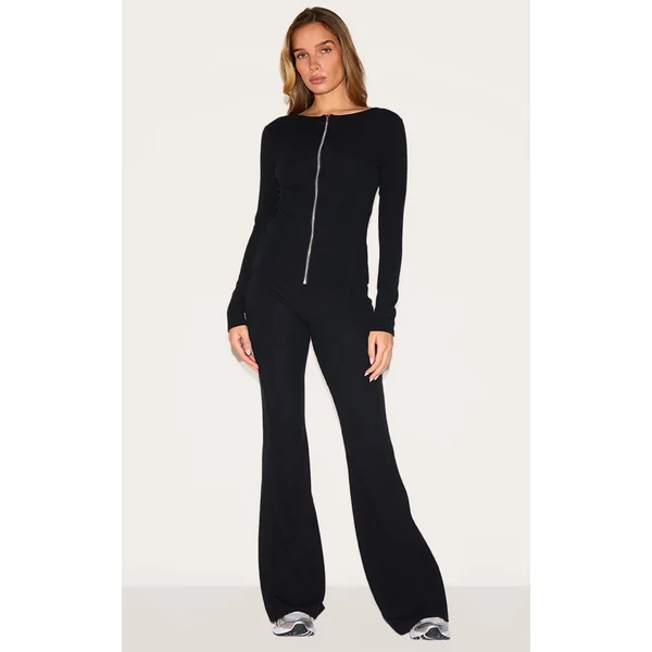 Black Rib High Waist Flares