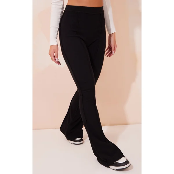 Black Rib High Waist Seam Detail Flared Pants