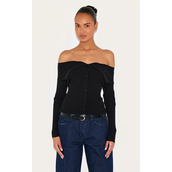 Black Rib Knit Fold Over Button Up Top