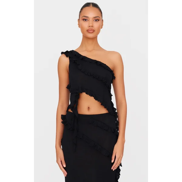 Black Rib Knit Frill Detail Asymmetric Top