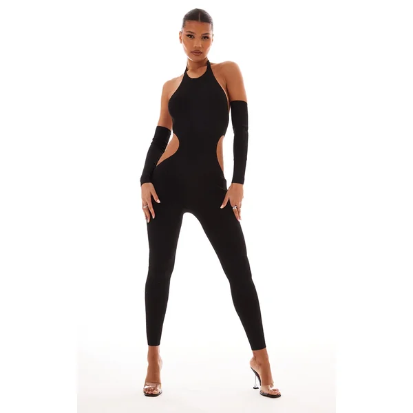 Black Rib Knit Halterneck Cut Out Jumpsuit & Sleeves