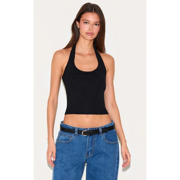 Black Rib Knit Halterneck Top