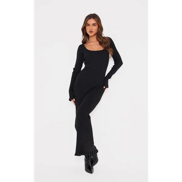 Black Rib Knit Piquet Hem Maxi Dress