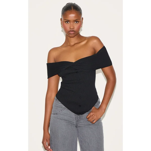 Black Rib Knit Twist Bardot Button Through Top