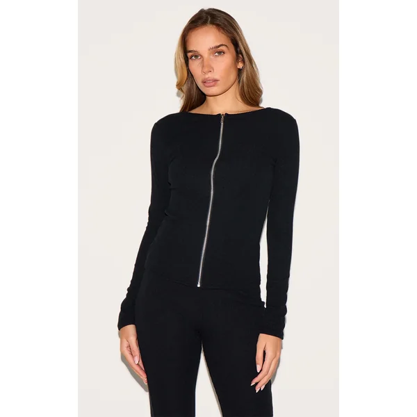 Black Rib Longline Zip Up Top