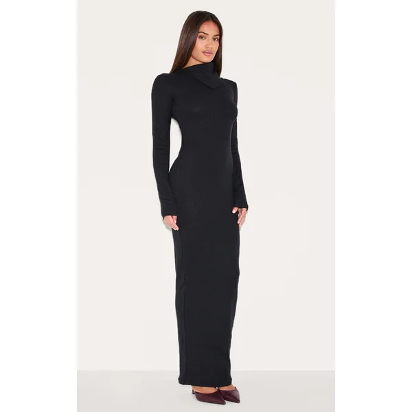 Black Rib Oversized Collar Maxi Dress