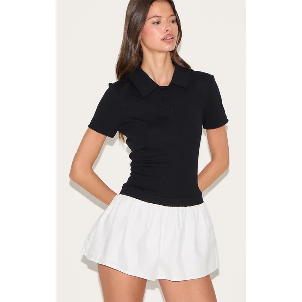 Black Rib Polo Collar Detail Skort Romper