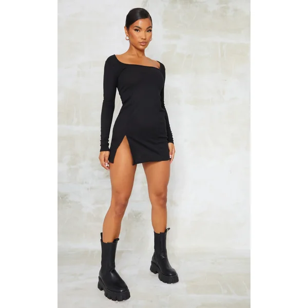 Black Rib Split Hem Square Neck Long Sleeve Bodycon Dress