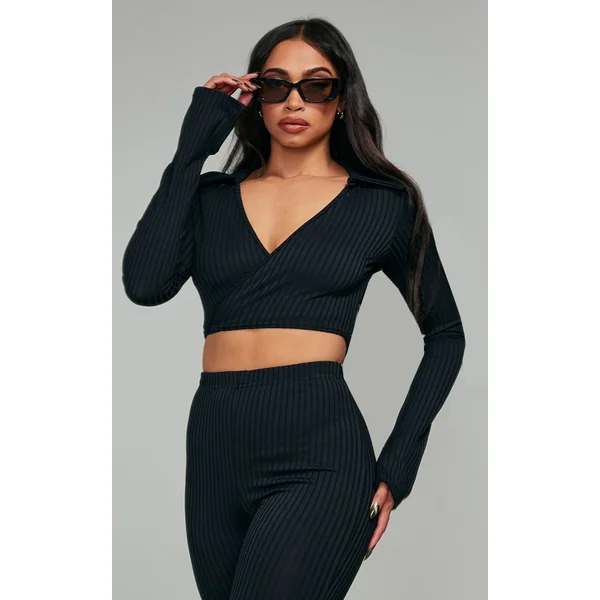 Black Rib Wrap Round Plunged Top