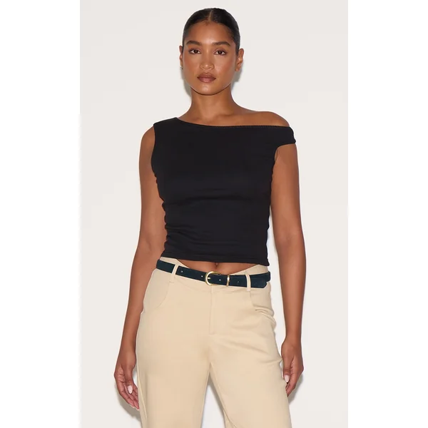 Black Ribbed Asymmetric Detail Vest Top