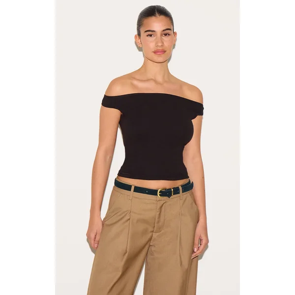 Black Ribbed Bardot Detail Vest Top