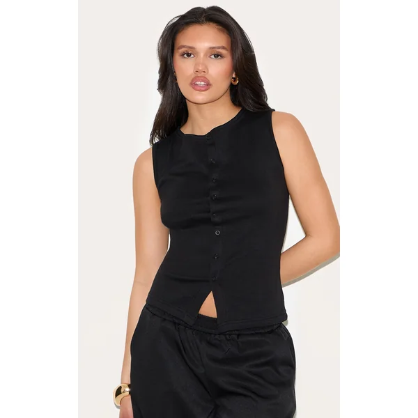 Black Ribbed Button Down Sleeveless Long Top