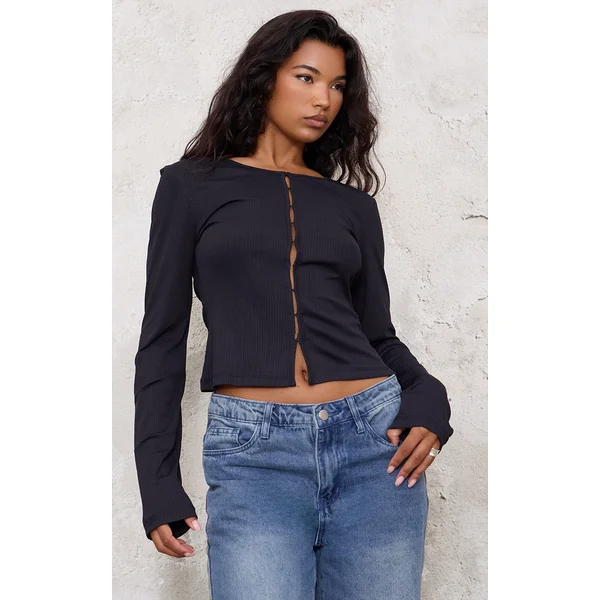 Black Ribbed Hook And Eye Long Sleeve Top