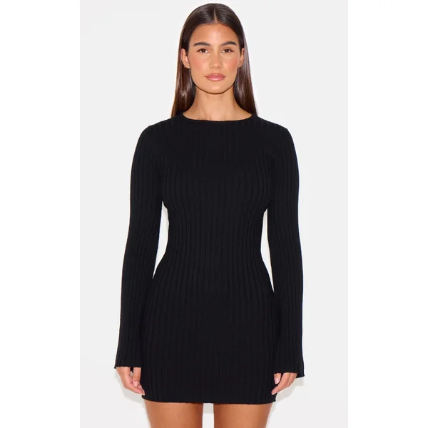 Black Ribbed Knit Mini Dress