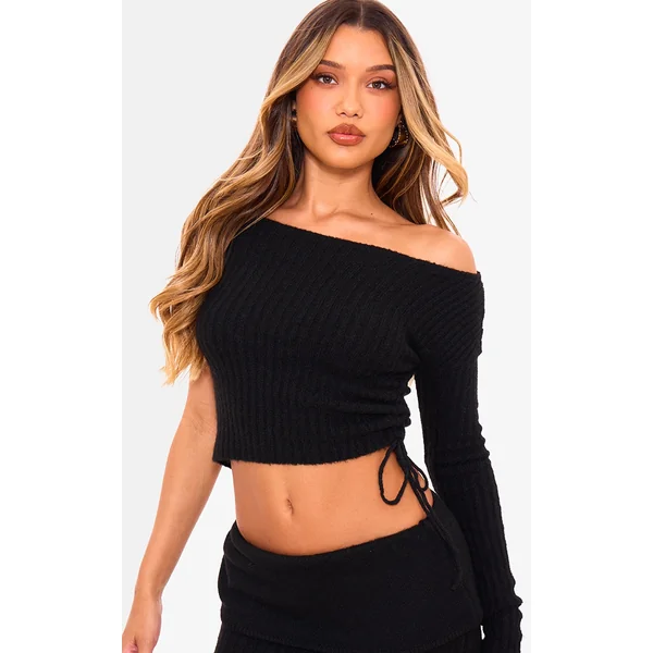 Black Ribbed Knit One Sleeve Ruched Side Top