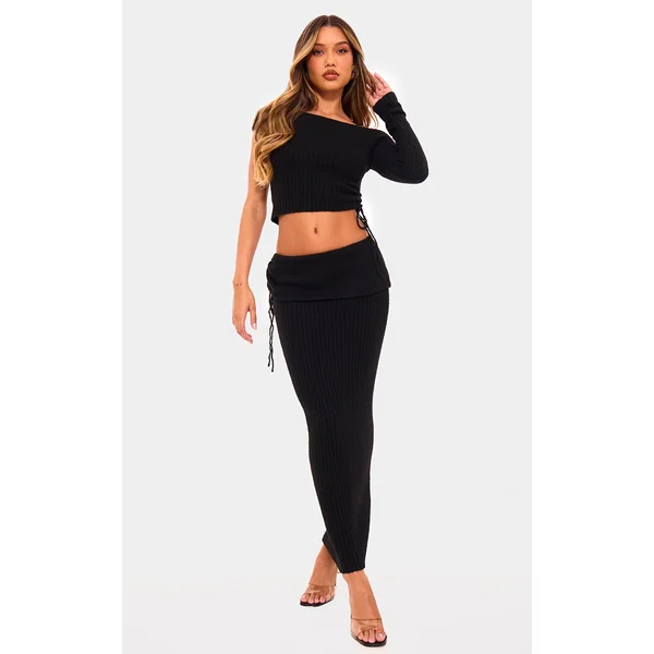 Black Ribbed Knit Ruched Fold Over Maxi Skirt