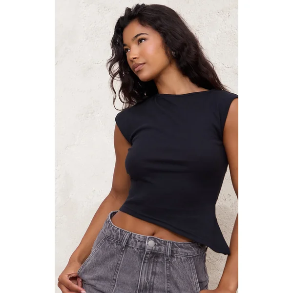 Black Ribbed Knitted Asymmetric Long Top